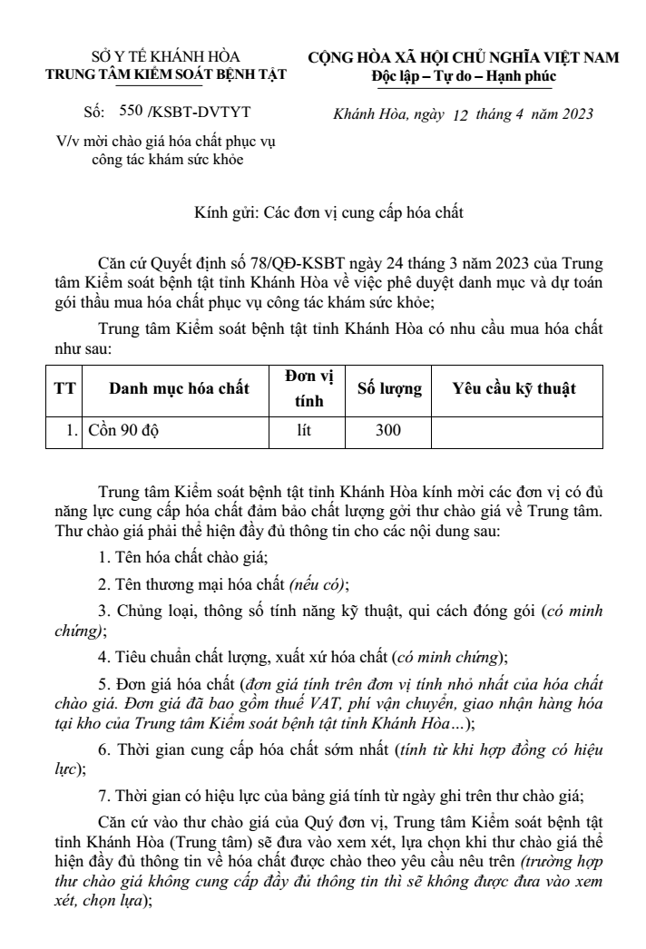 Mời chào giá hóa chất phục vụ công tác khám sức khỏe